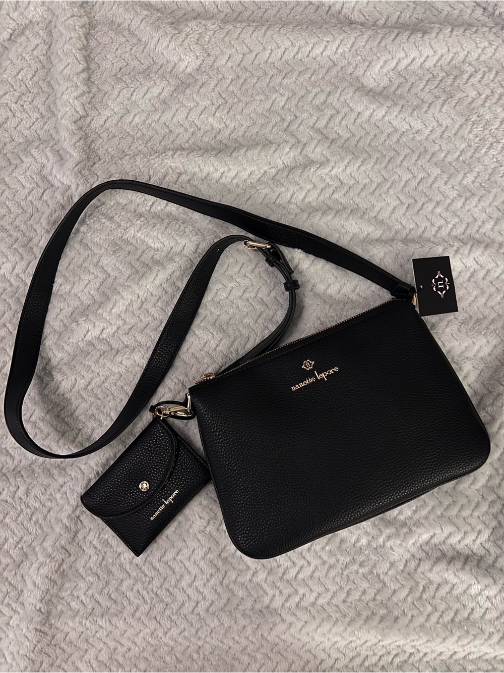 NWT Nanette Lepore Black Pebbled Leather Crossbody Bag with Card Pouch